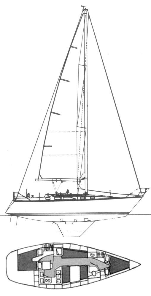 Slide: The Image of Line drawing of a 1987 Hunter 34 sailboat with interior layout. - 24