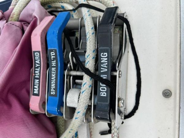 Slide: The Image of Close-up of labeled sailing lines on a 1992 Hunter Legend 37 sailboat. - 28