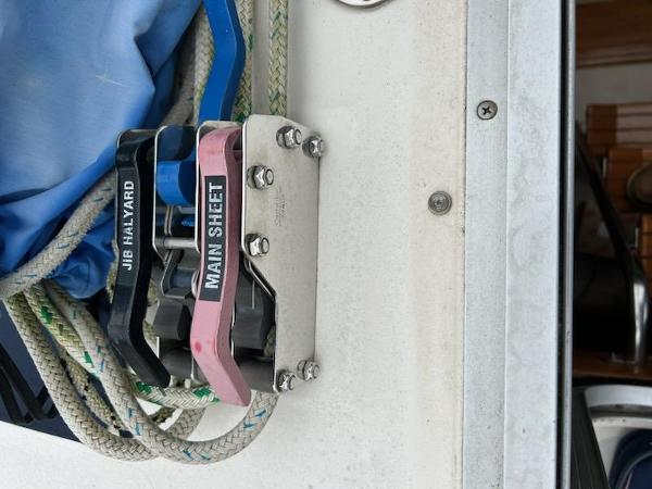 Slide: The Image of Close-up of sailboat rope clutches on a 1992 Hunter Legend 37. - 30