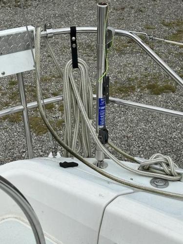 Slide: The Image of Close-up of the deck and rigging of a 1992 Hunter Legend 37 sailboat. - 32