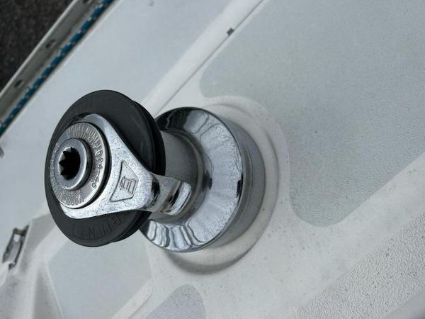Slide: The Image of Close-up of a winch on a 1992 Hunter Legend 37 sailboat. - 7