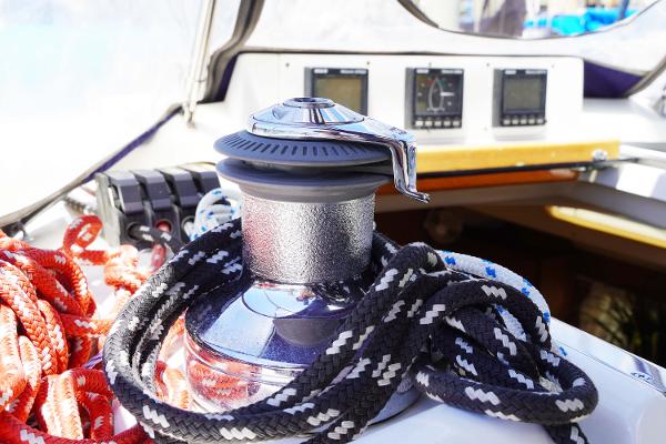 Slide: The Image of Winch and ropes on 2000 Hunter Passage 420 sailboat deck. - 11