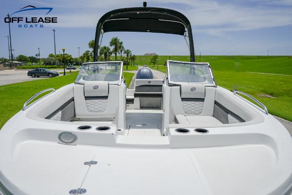 Slide: The Image of 2020 Hurricane 217 SD boat with dual windshields and seating, displayed by Off Lease Boats. - 4