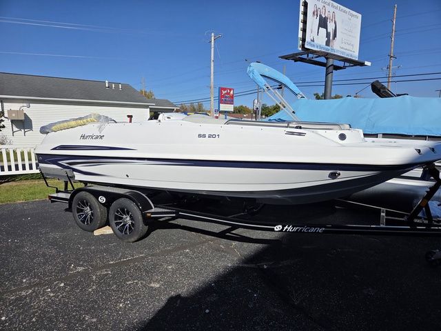 Slide: The Image of 2026 Hurricane SunDeck Sport 201 IO boat on trailer, parked outdoors. - 1