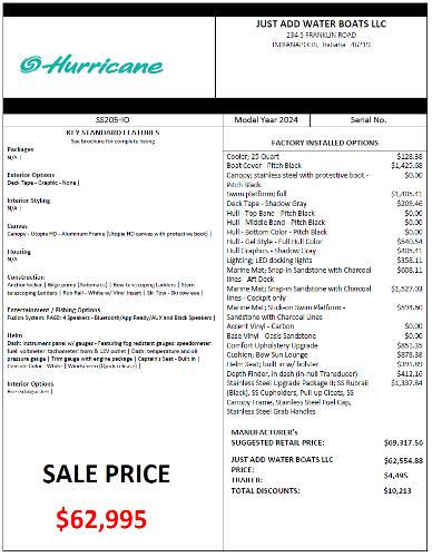 Slide: The Image of 2024 Hurricane SunDeck Sport 205 IO boat price sheet with sale price of $62,995. - 25