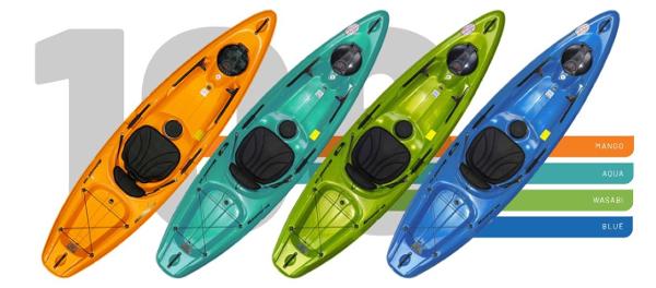 Slide: The Image of 2023 Hurricane Kayaks Skimmer 106 in Mango, Aqua, Wasabi, and Blue colors. - 9