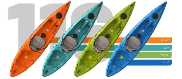 Slide: The Image of 2023 Hurricane Kayaks Skimmer 116 in Mango, Aqua, Wasabi, and Blue colors. - 5