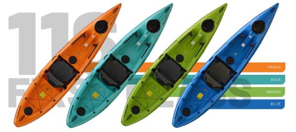 Slide: The Image of 2023 Hurricane Kayaks Skimmer 116 First Class in mango, aqua, wasabi, and blue. - 9