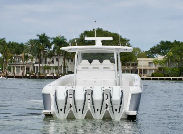 Slide: The Image of 2023 Intrepid 475 Panacea boat with quad outboard engines on the water. - 4