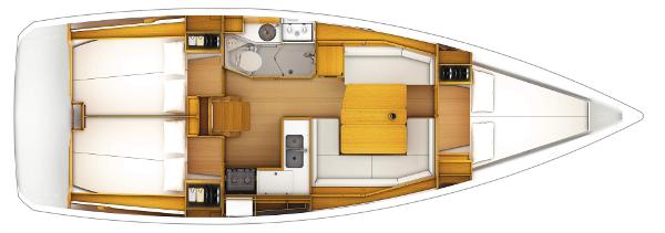 Slide: The Image of 2020 Jeanneau Sun Odyssey 389 interior layout with cabins, kitchen, and bathroom. - 25