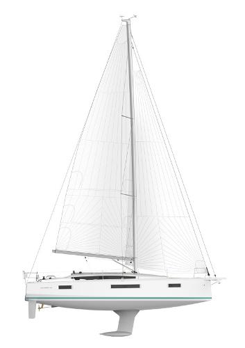 Slide: The Image of 2026 Jeanneau Sun Odyssey 410 sailboat, side view, white hull, sleek design. - 16