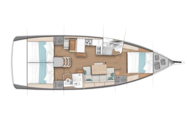 Slide: The Image of Floor plan of 2024 Jeanneau Sun Odyssey 440 sailboat, featuring cabins and living areas. - 50