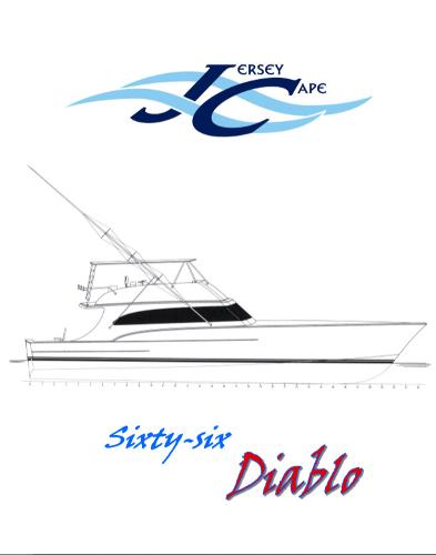 Slide: The Image of 2024 Jersey Cape 66' Diablo Custom yacht sketch with logo. - 1