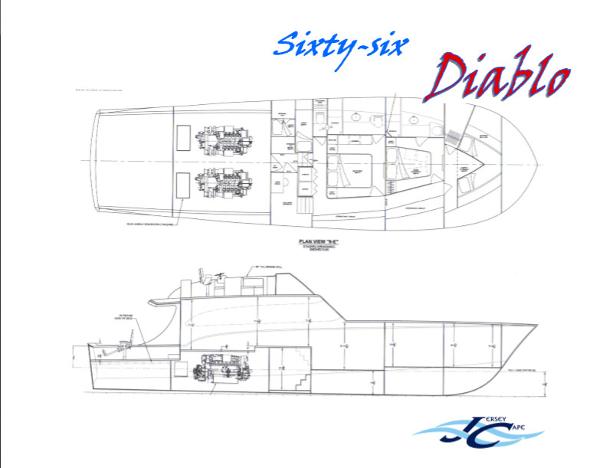 Slide: The Image of Blueprint of 2024 Jersey Cape 66' Diablo Custom yacht with detailed layout. - 2