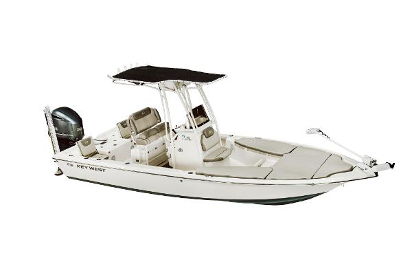 Slide: The Image of 2024 Key West 230 Bay Reef boat with T-top and outboard motor. - 20