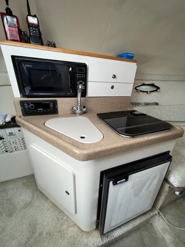 Slide: The Image of Compact kitchen area in 2002 Larson 254 Cabrio boat with microwave, sink, and mini-fridge. - 11
