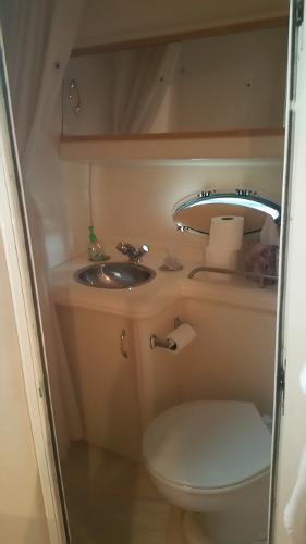 Slide: The Image of Compact bathroom in a 2003 Larson 330 Cabrio boat with sink and toilet. - 7