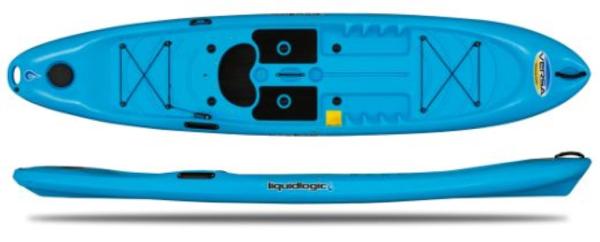 Slide: The Image of 2023 Liquidlogic Versa Board blue kayak, top and side view. - 0