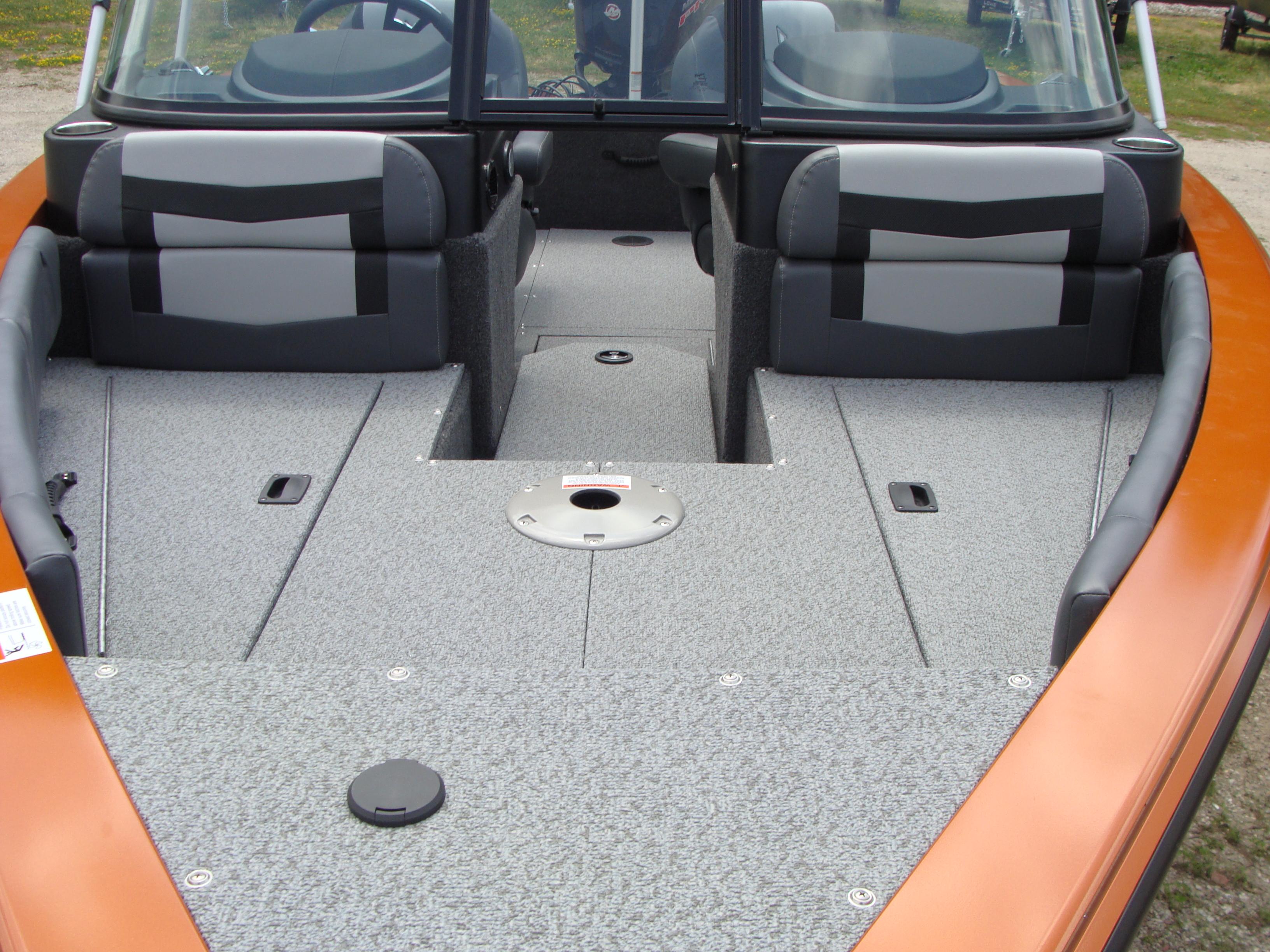 Slide: The Image of 2023 Lowe FS 1900 boat interior with gray seating and deck. - 4