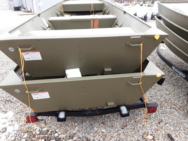 Slide: The Image of 2024 Lowe Jon L1448 boat on a trailer, rear view. - 4
