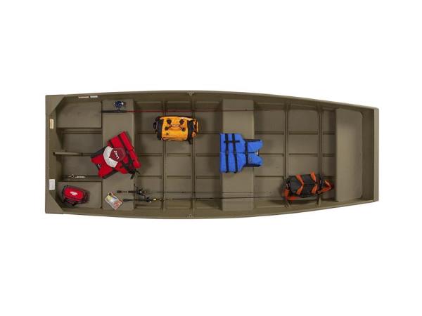Slide: The Image of 2023 Lowe L1240 Jon boat interior with gear and life jackets. - 1