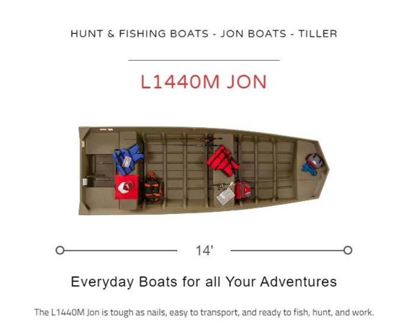 Slide: The Image of Lowe L1440M Jon Boat 2022, 14-foot, ideal for fishing and hunting adventures. - 1