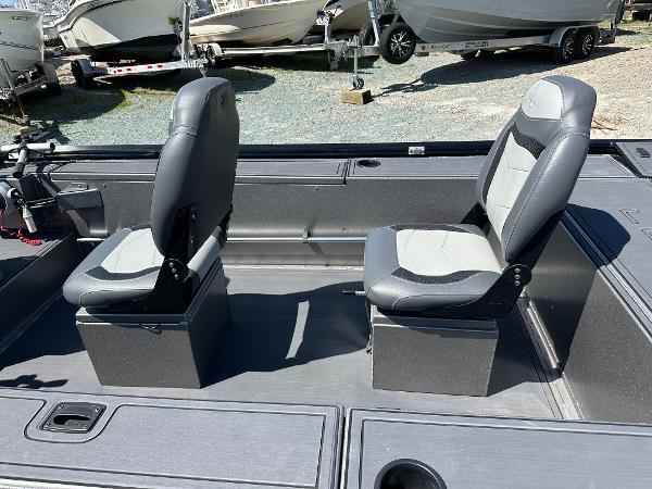 Slide: The Image of 2022 Lowe Skorpion 16 boat interior with two grey seats. - 12