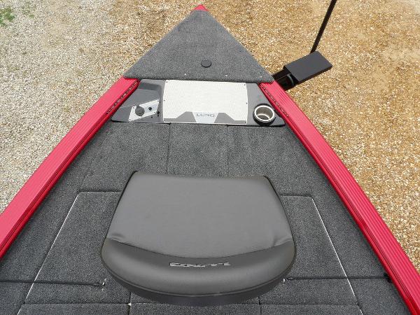 Slide: The Image of 2024 Lund 2075 Pro-V Bass XS boat deck with red trim and seating. - 38