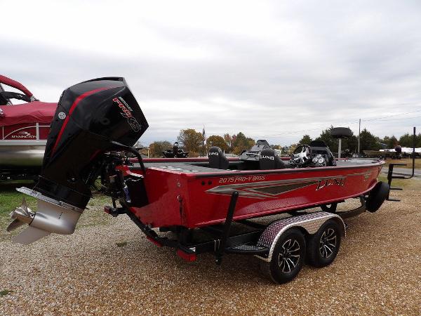 Slide: The Image of 2024 Lund 2075 Pro-V Bass XS boat on a trailer, rear view. - 9
