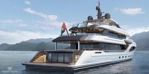 Slide: The Image of Luxurious 2026 Majesty 160 yacht on serene waters with mountainous backdrop. - 0