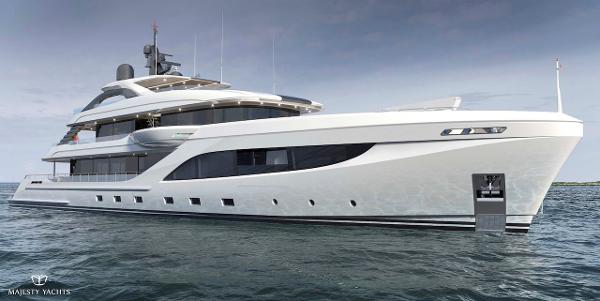 Slide: The Image of Luxurious 2026 Majesty 160 yacht on open water, showcasing sleek design and elegance. - 1