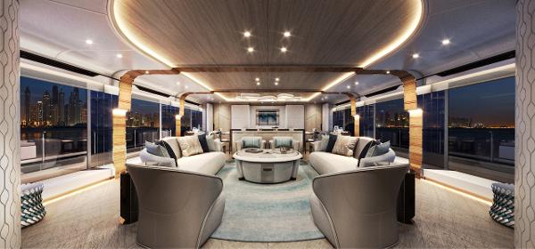 Slide: The Image of Luxurious interior of 2026 Majesty 160 yacht with elegant seating and ambient lighting. - 10