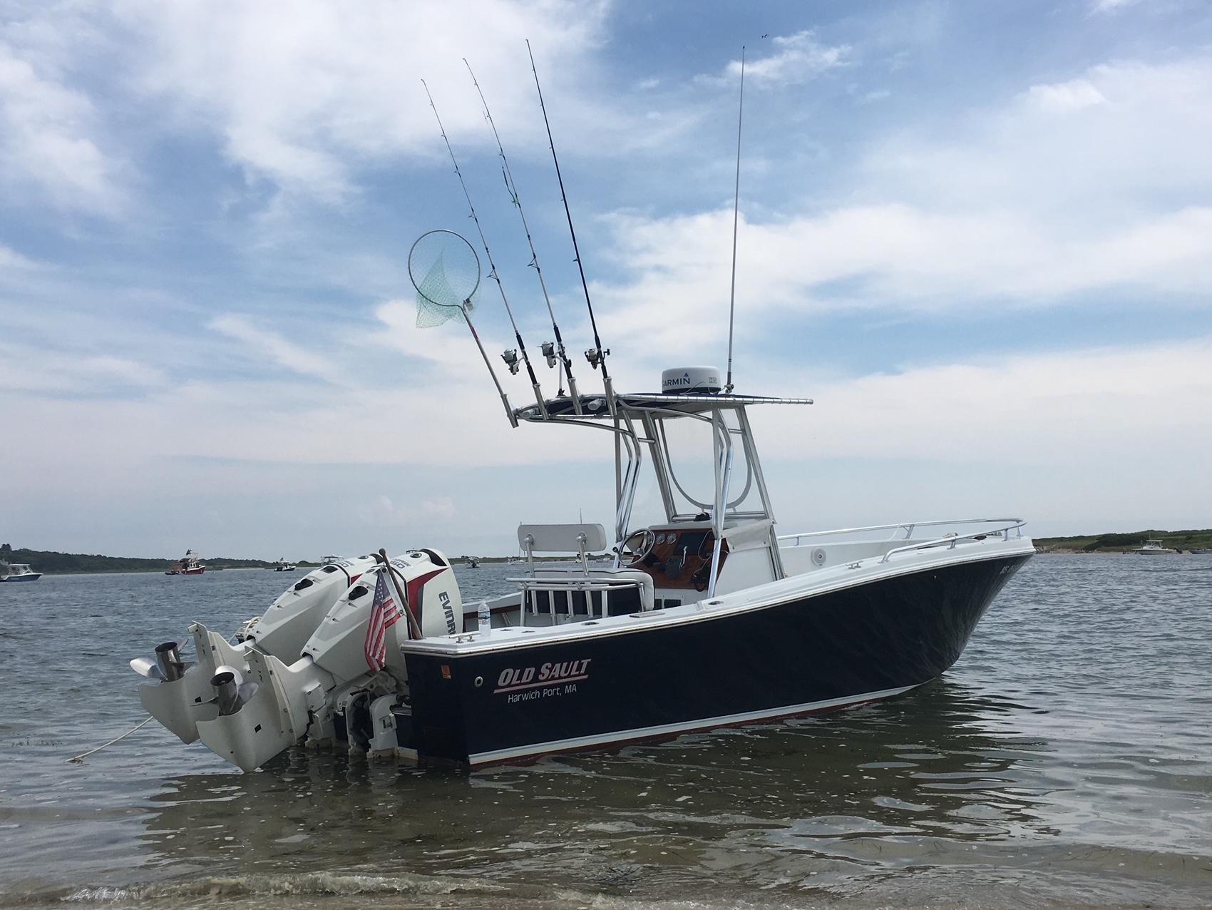 Slide: The Image of 1991 Mako 241 boat with fishing gear, docked in shallow water under a cloudy sky. - 0
