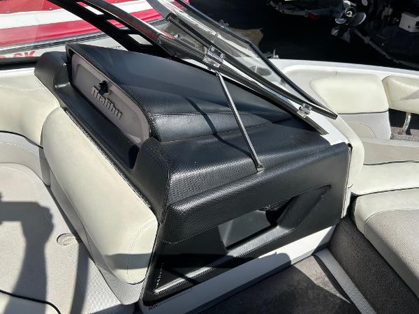 Slide: The Image of 2013 Malibu Wakesetter 20 VTX interior with black and white seating and windshield. - 17