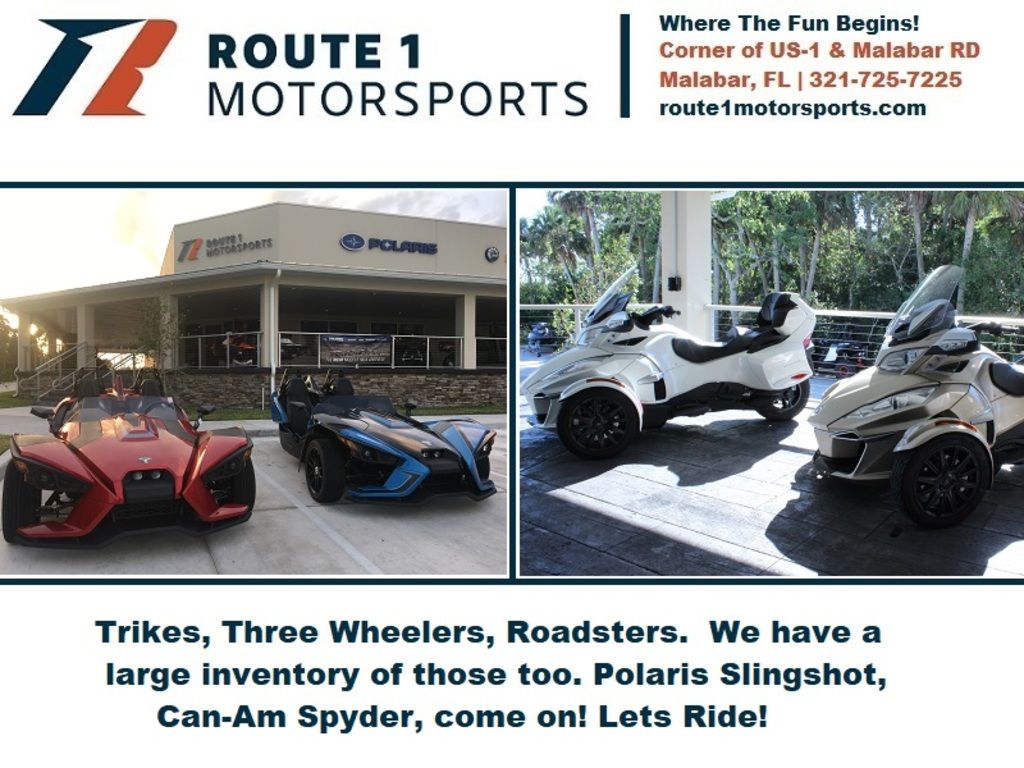 Slide: The Image of Route 1 Motorsports dealership showcasing Polaris Slingshot and Can-Am Spyder trikes and roadsters. - 24
