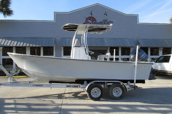 Slide: The Image of 2023 May-Craft 20 Cape Classic boat on trailer outside a building. - 1