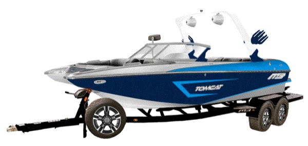 Slide: The Image of 2022 MB F22 Tomcat boat on trailer, blue and white, side view. - 4