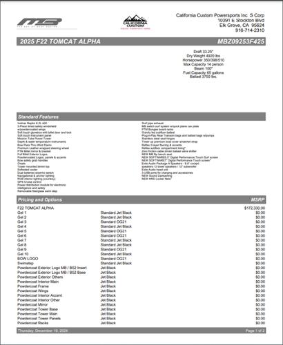Slide: The Image of 2025 MB F22 Tomcat Alpha specifications and pricing sheet from California Custom Powersports. - 1