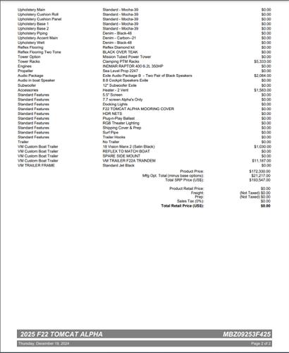 Slide: The Image of Invoice for 2025 MB F22 Tomcat Alpha, detailing features and pricing. - 2