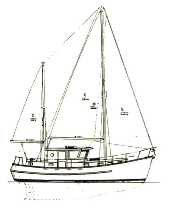 Slide: The Image of Line drawing of a 1981 Monk Comfort Monk Motorsailer 38 sailboat. - 21