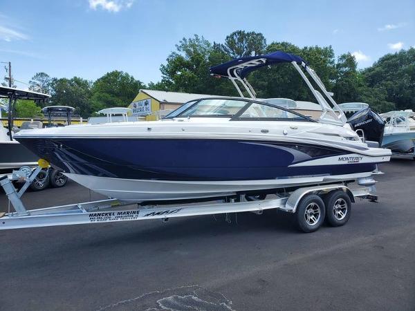 Slide: The Image of 2023 Monterey M-45 boat on a trailer at a marina. - 1