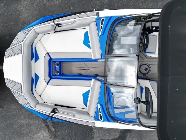 Slide: The Image of 2019 Moomba Makai boat interior, top view, blue and white seating. - 9