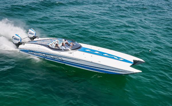 Slide: The Image of 2022 MTI 390X speedboat cruising on open water. - 1