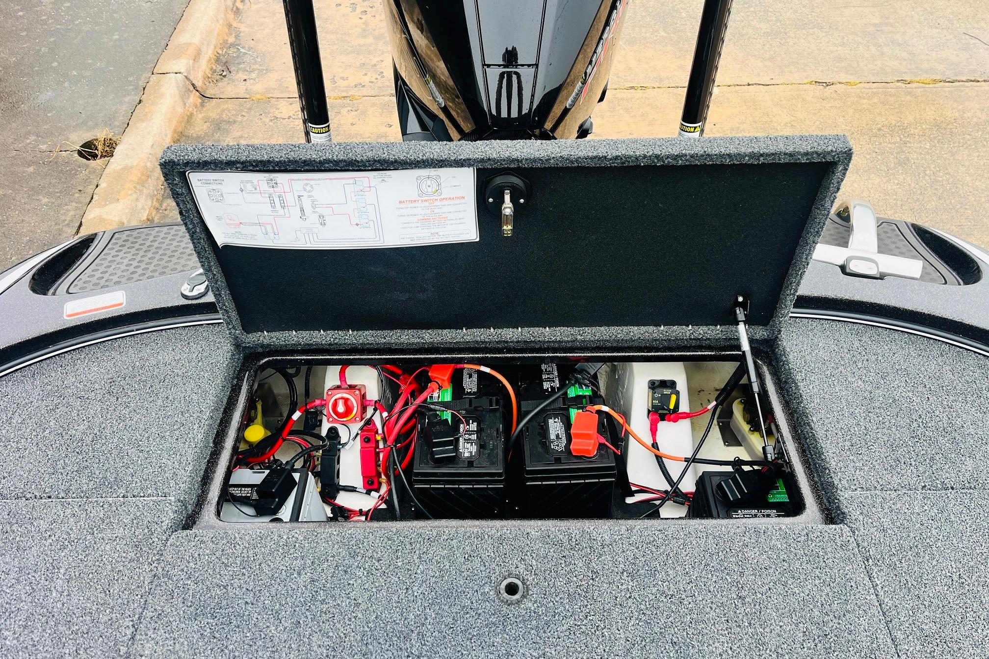 Slide: The Image of Open battery compartment of 2021 Nitro Z19 Pro boat, showing wiring and components. - 54