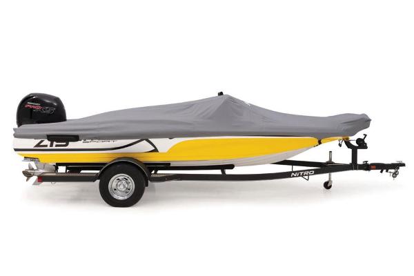 Slide: The Image of 2020 Nitro Z19 Sport boat with cover on trailer, side view. - 25