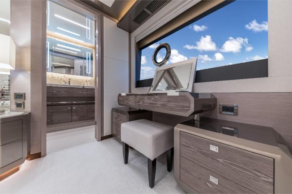 Slide: The Image of Luxurious interior of 2023 Ocean Alexander 35R yacht with vanity and ocean view. - 26