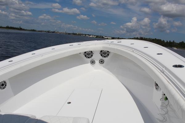 Slide: The Image of 2021 Onslow Bay 41 Tournament Edition boat bow on a sunny day. - 27
