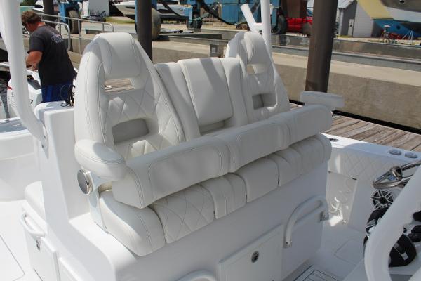 Slide: The Image of 2021 Onslow Bay 41 Tournament Edition boat with luxurious white seating. - 30