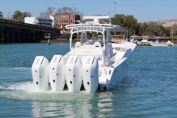 Slide: The Image of 2021 Onslow Bay 41 Tournament Edition boat with quad engines on the water. - 9