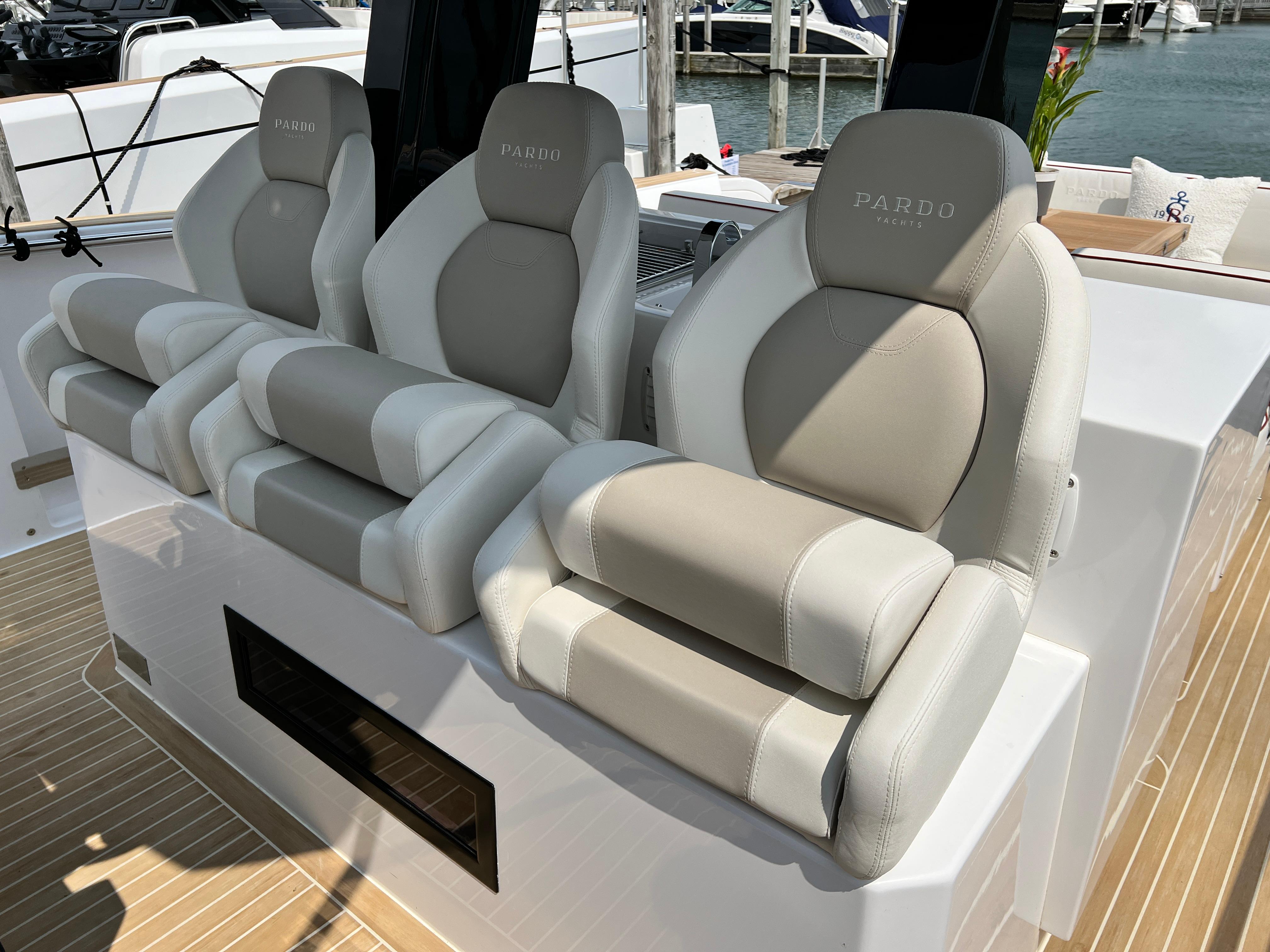 Slide: The Image of Luxury seating on 2025 Pardo Yachts 38 Outboard, featuring elegant design and comfort. - 17